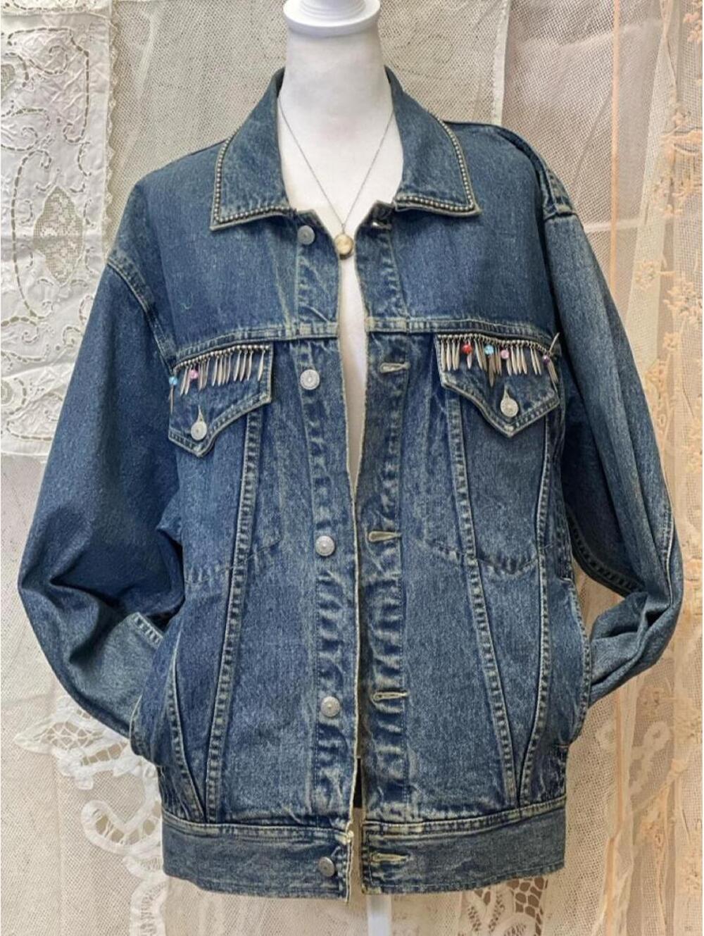 Vintage Unisex FreeGo Denim Jacket Circa 1980 with Metal & Bead Fringe Details